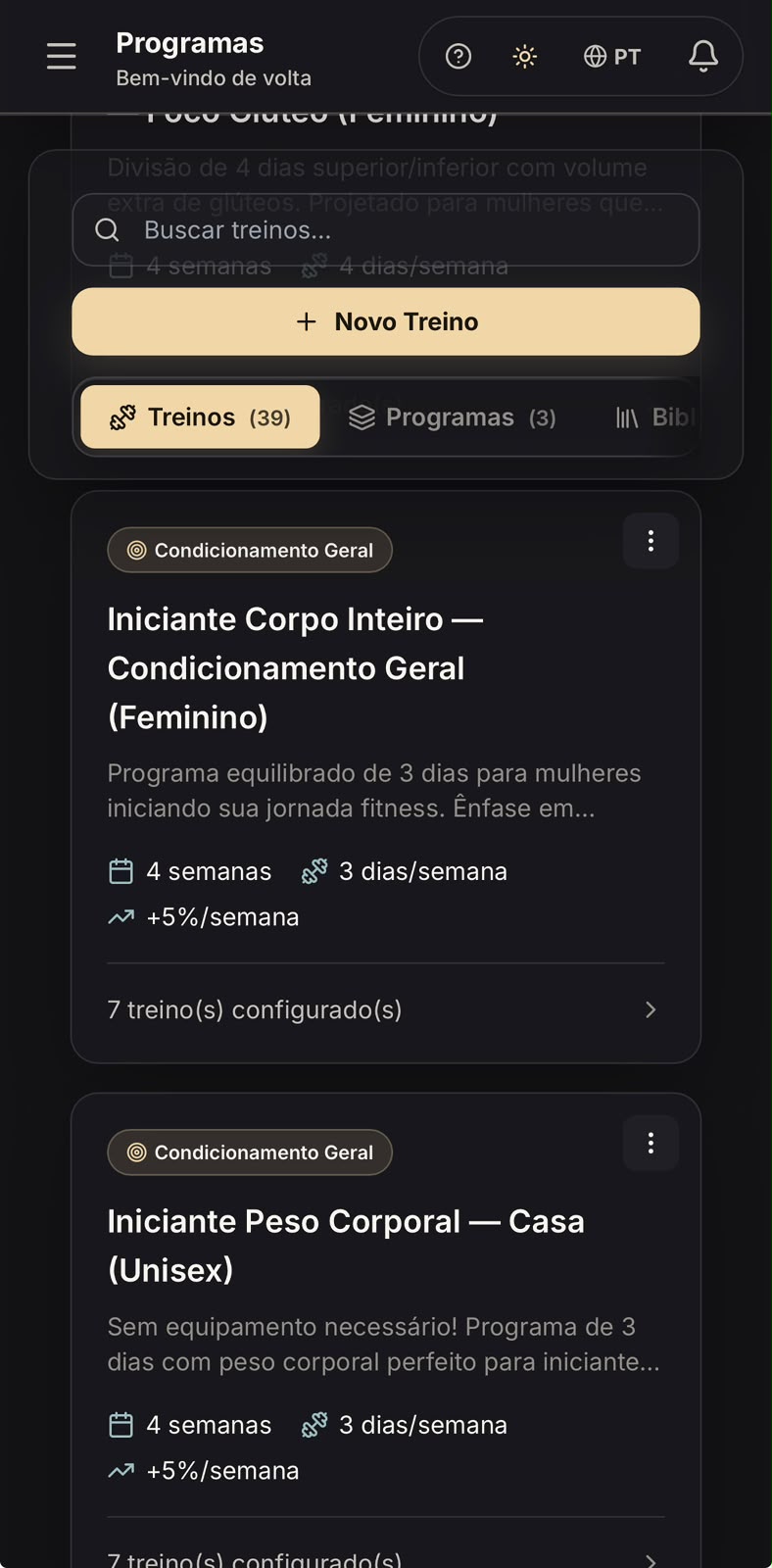 Actual GymBud library in the dark theme, showing general conditioning and home workout programs.