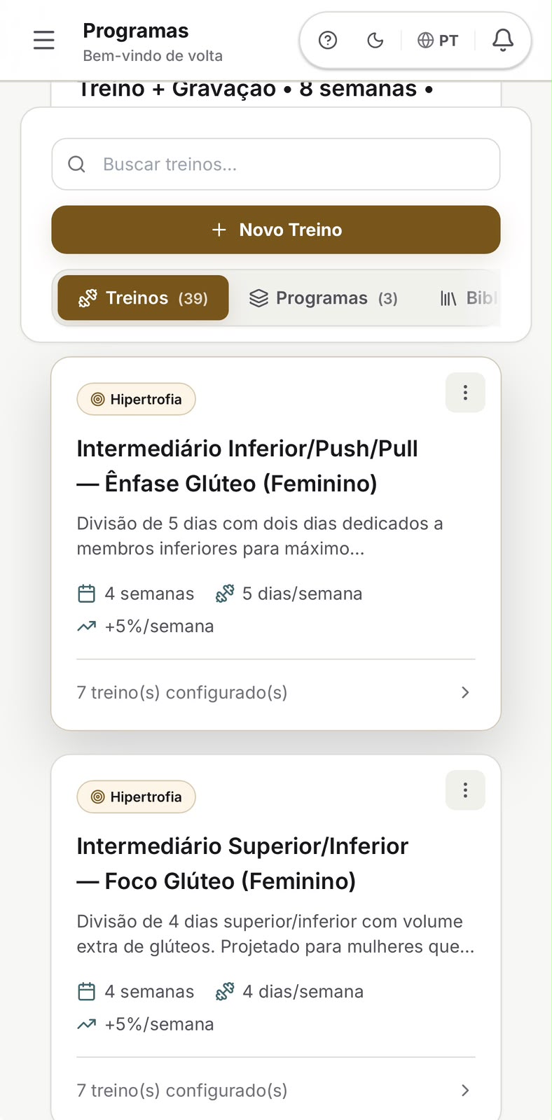 Actual GymBud library in the light theme, showing hypertrophy programs with structure and frequency.